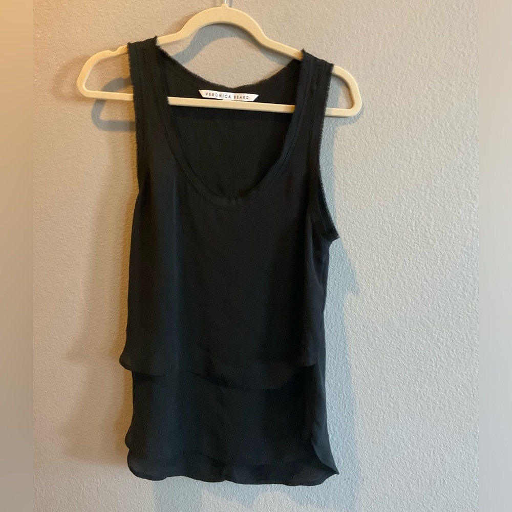 Veronica Beard Raw Edge Silk Chiffon Tank Top Black Tiered Classic Staple Size 8